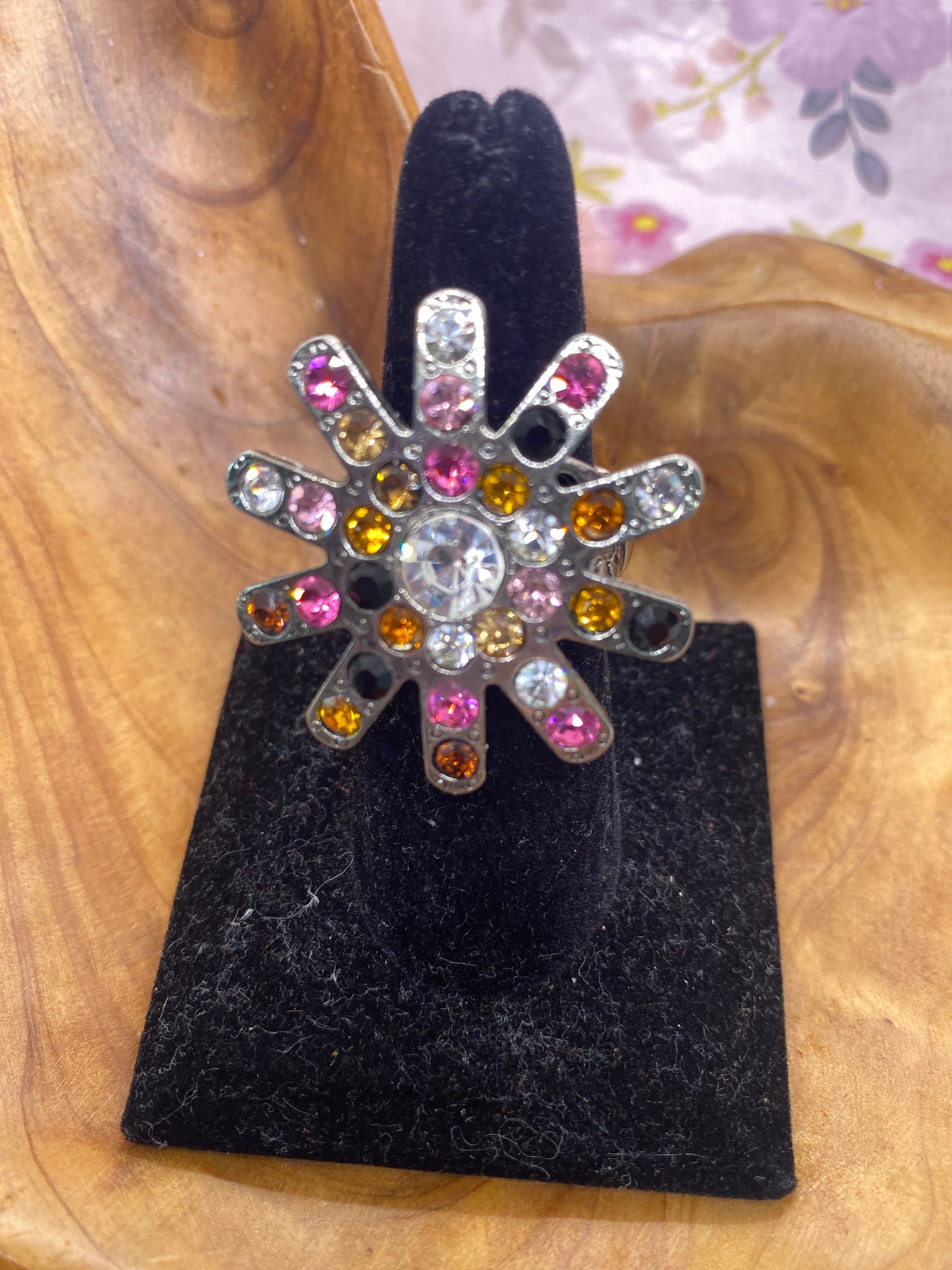 Shades of Pink Color Starburst Silver Stretch Ring