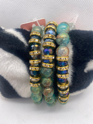 Teal Blue Rondelle Green Multi Color Stretch Bracelet