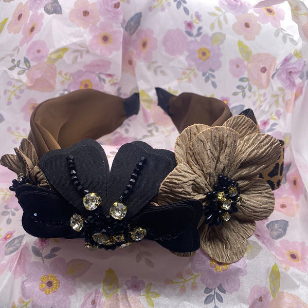 Brown Black Beige Big Flower Headband Crystal Wide Jeweled Hair Band Hairband