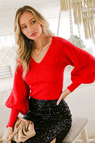 Deep V Neck Balloon Sleeves Rib Knitted Crop Sweater