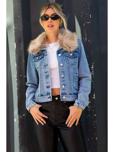 Medium Wash Denim Jacket w Removable Faux Fur Collar