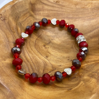 Red Black Bead Mini Silver Hearts Stretch Bracelet