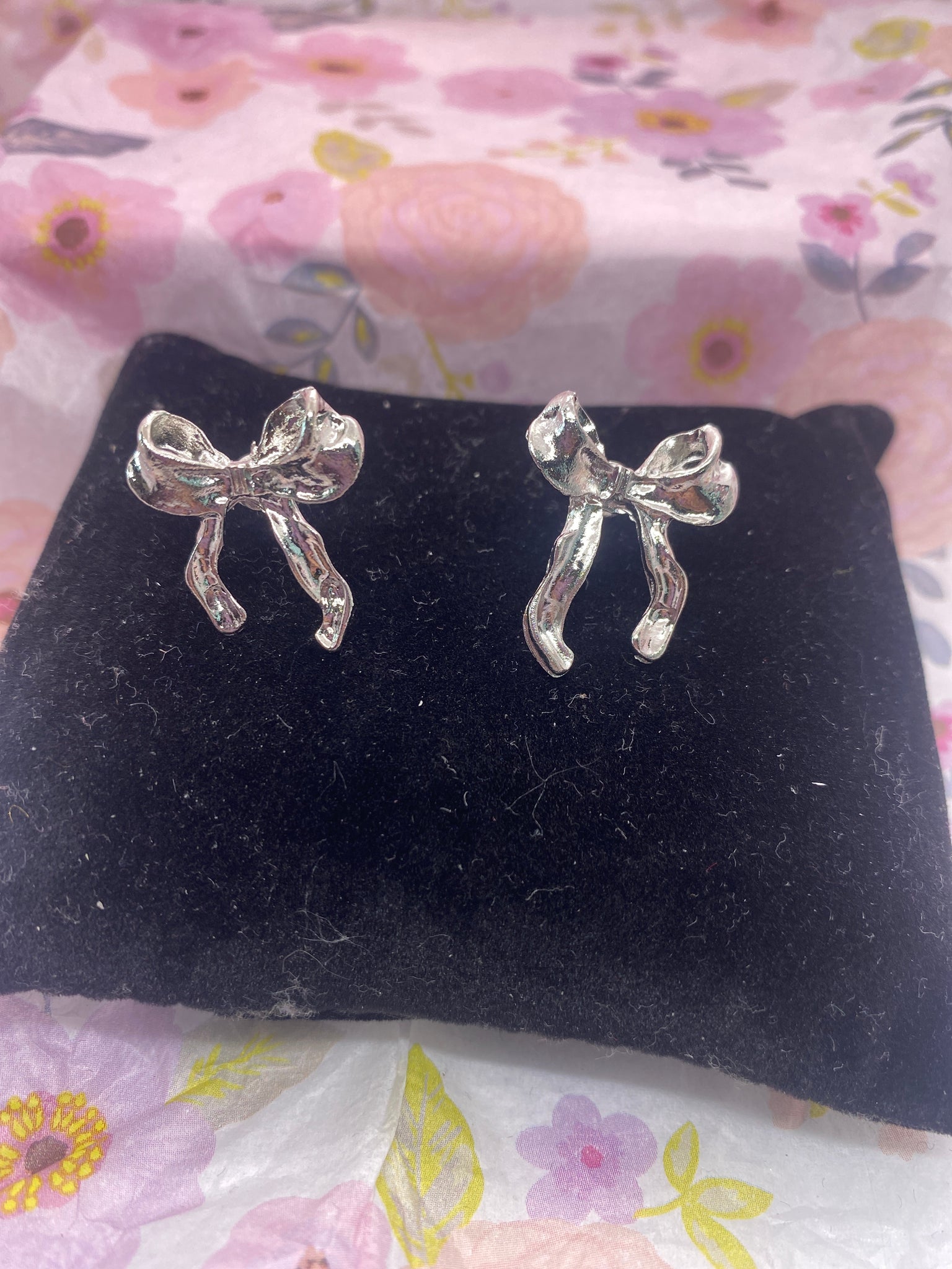 Silver Tone Ribbon Post Earrings