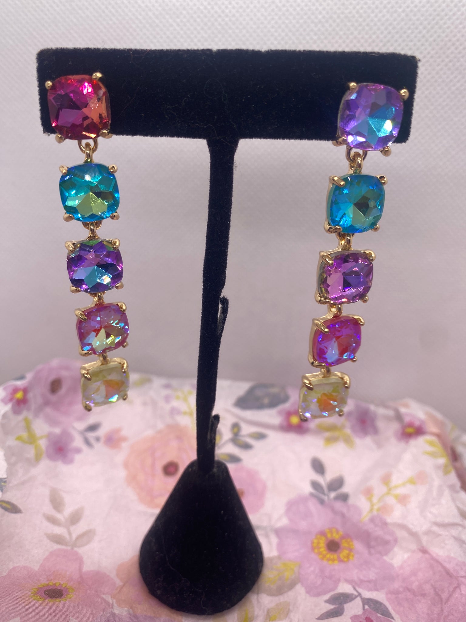 Gold Tone Multi Color AB Stone Post Earrings