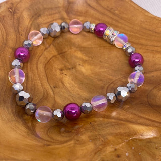 Fuchsia Grey Clear Stones Stretch Bead Bracelet