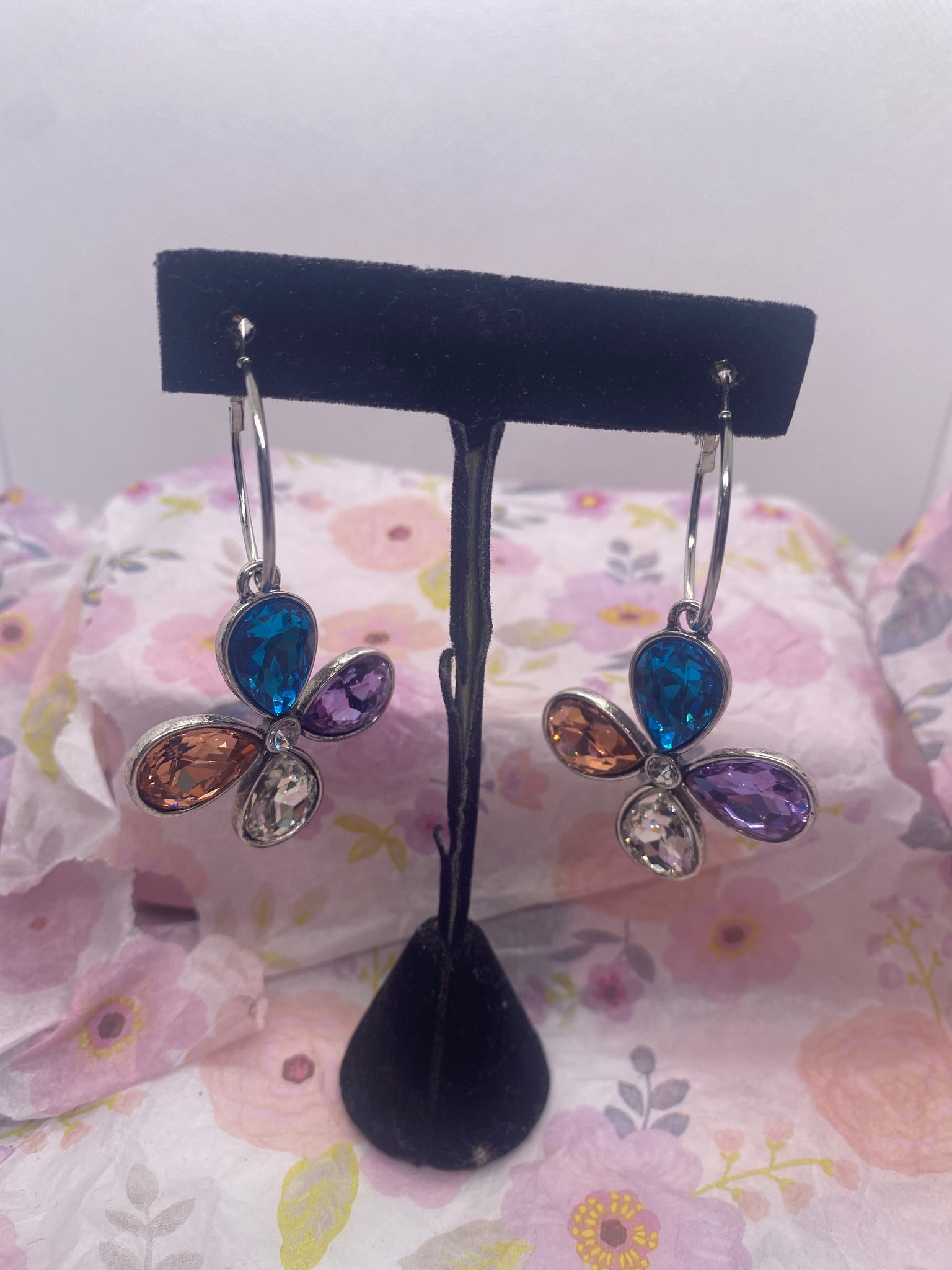 Clear Blue Yellow Purple Silver Crystal Flower Hoop Earring