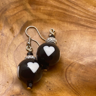 Black Ball Dangle with white Hearts Earrings