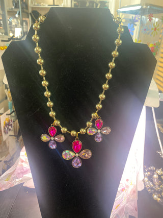 Custom Gold Ball Choker Style Three Daisy Flower Necklace w Clear Fuschia Purple Pink