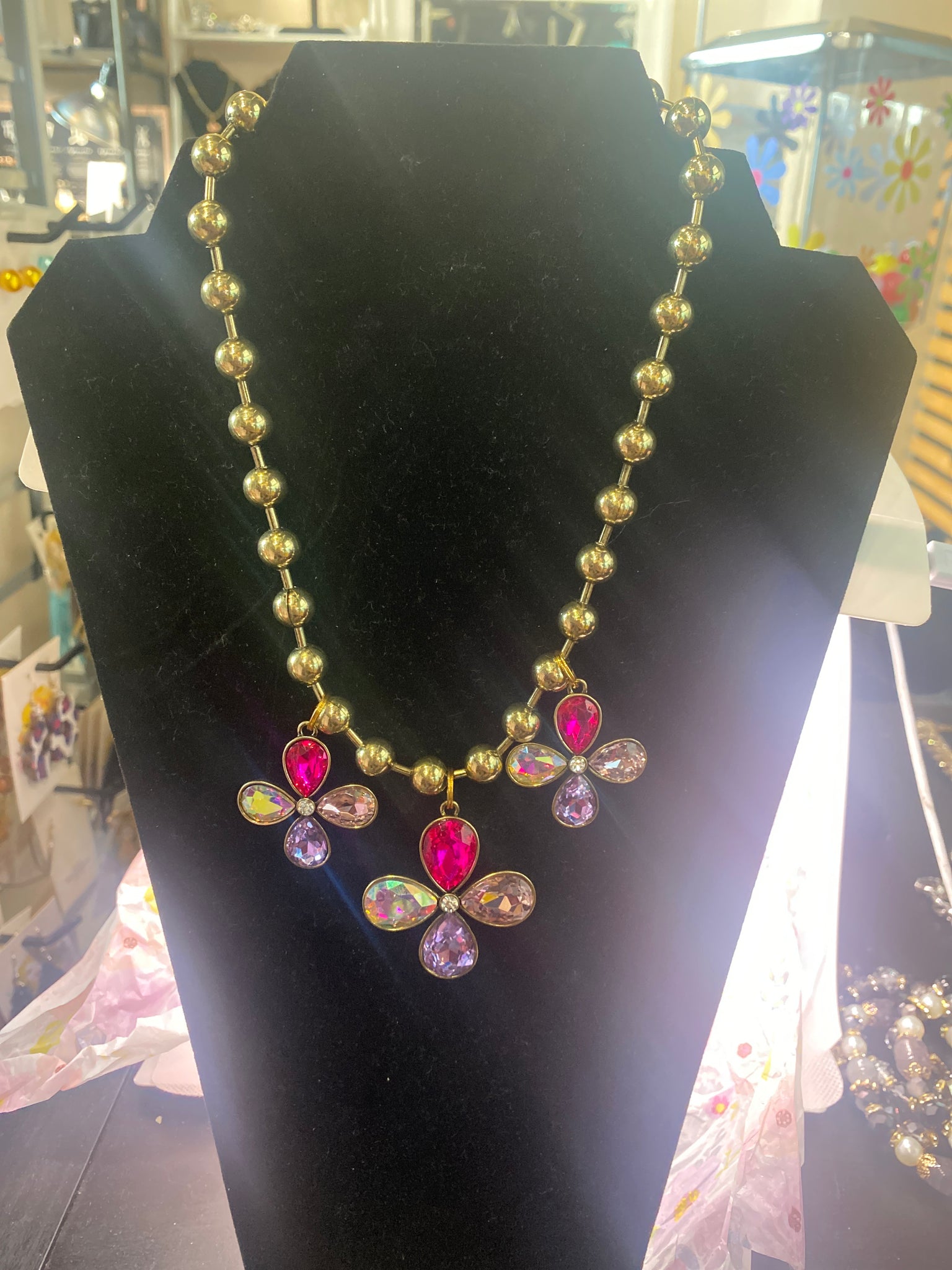 Custom Gold Ball Choker Style Three Daisy Flower Necklace w Clear Fuschia Purple Pink