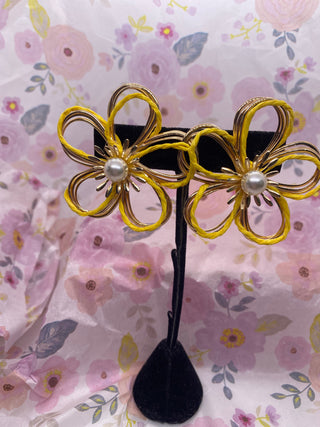 Yellow and Gold Trim 2 inch Flower Post Earrings