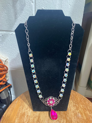 Custom Fuschia Brooche Teardrop 30 Inch Necklace