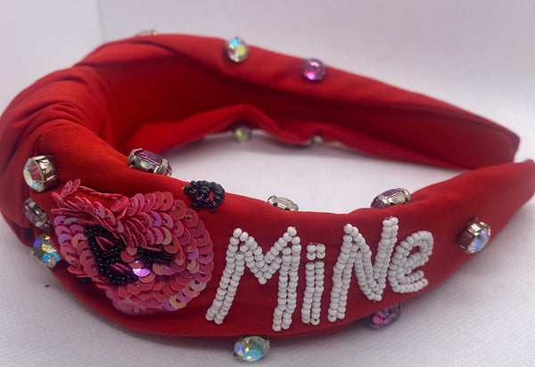 Red Be Mine Valentines Day headband with embellishments and text on a white background