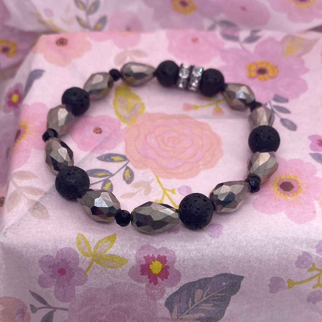 Black Lava Round Bead Silver Bead Stretch Bracelet