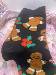 Black Christmas Socks w Gingerbread Men