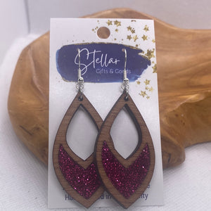 Brown Wood Pink Glitter Teardrop Earrings