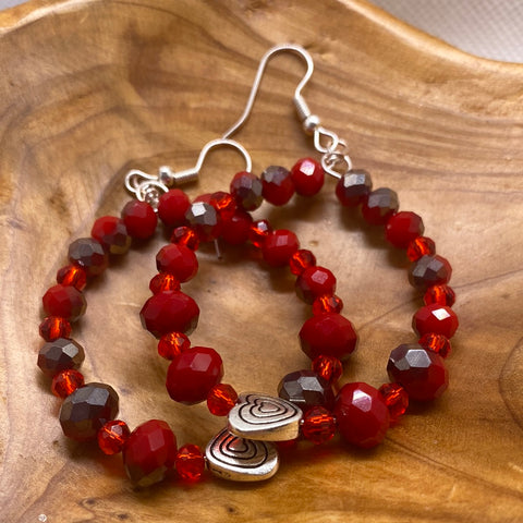 Custom Red Bead Earrings w Silver Heart Accents