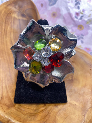 Silver Tone Flower with Stones Stretch Ring
