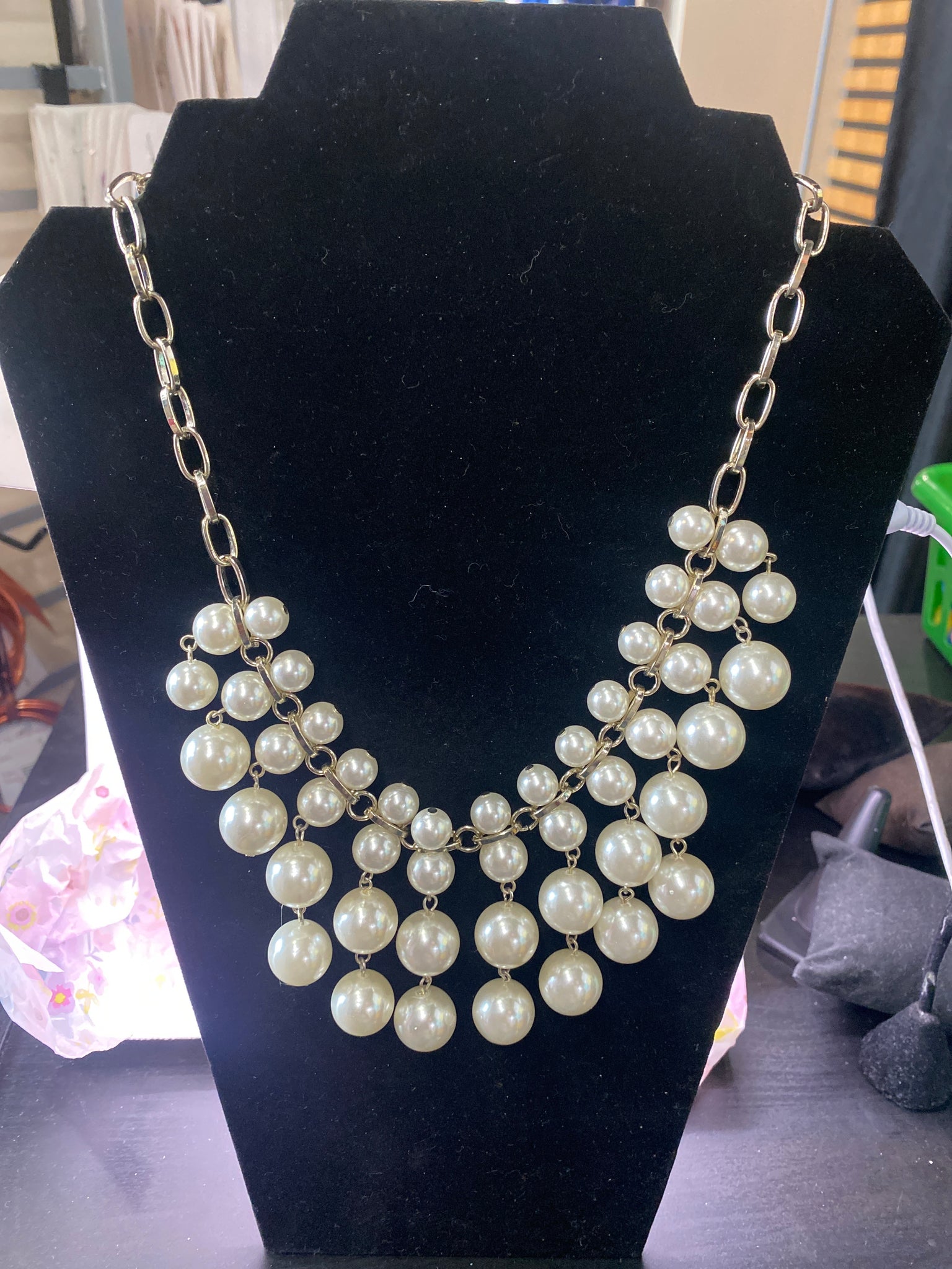 Silver Tone Multi Strand Faux Pearl Necklace