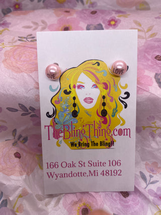 Pink Faux Pearl w Love Post Earrings