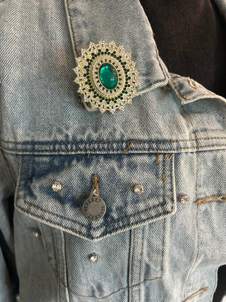 Vintage Inspired Emerald Green & Gold Rhinestone Statement Brooch Pin Pendant