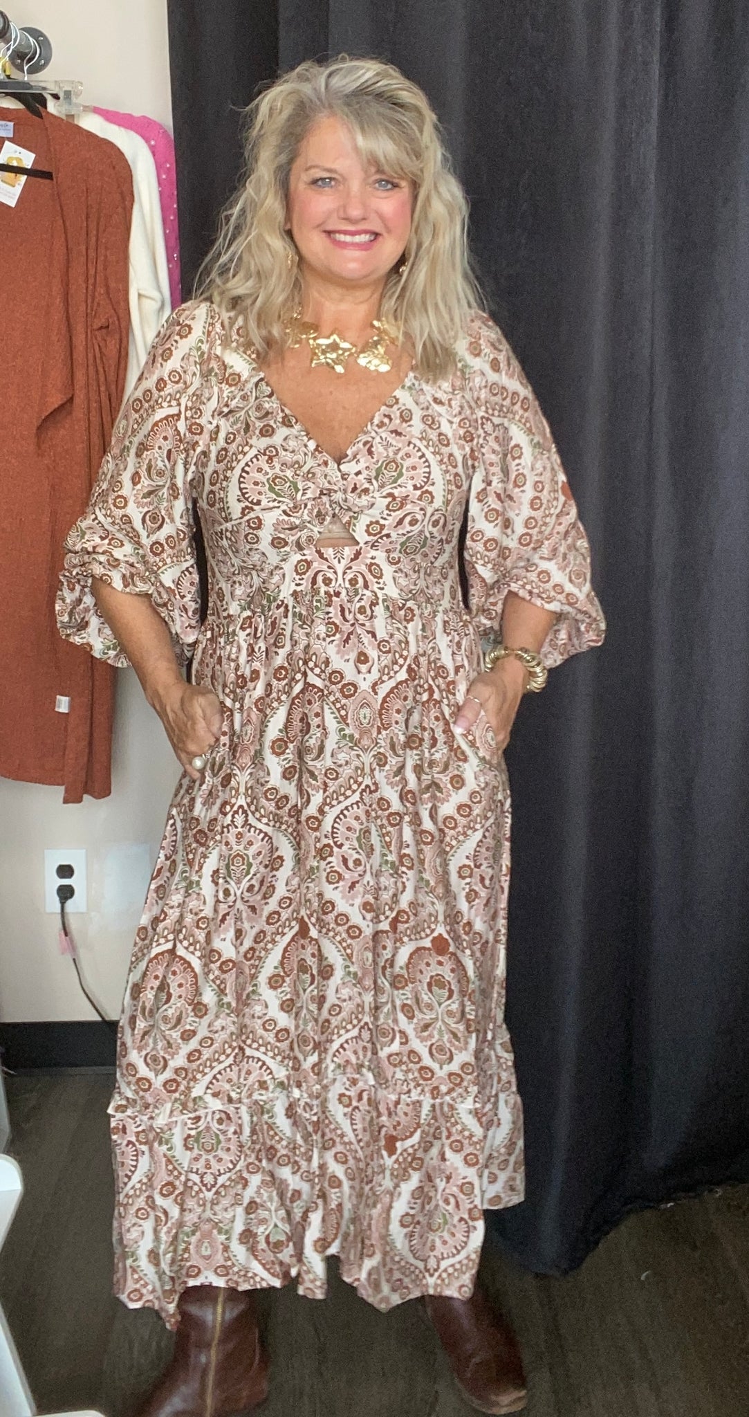 Floral Print V neck Long Sleeve Maxi Dress