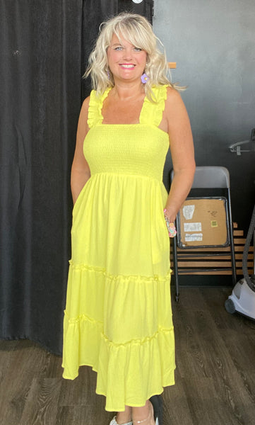 Sleeveless Smocking Bodice Ruffle Shirred Yellow Dress