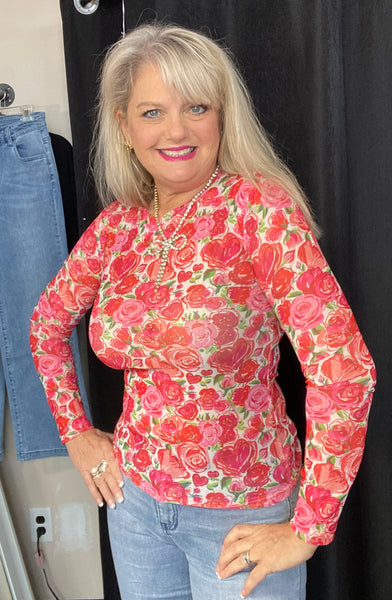 Long Sleeve Floral Mesh Top