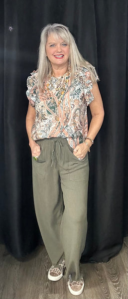 Full Length Frayed Wide leg Pants with Pockets Olive