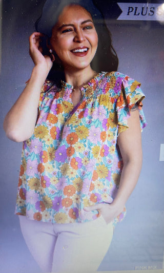 Plus Size Floral Print Smocked Double Layer Ruffle Short Sleeve Top