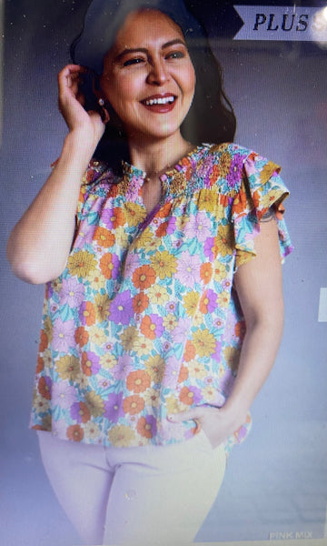 Plus Size Floral Print Smocked Double Layer Ruffle Short Sleeve Top