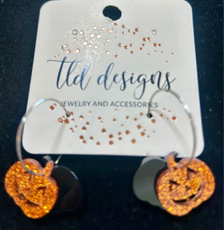Custom Glitter Jack o Lantern Pumpkin Hoop Earrings