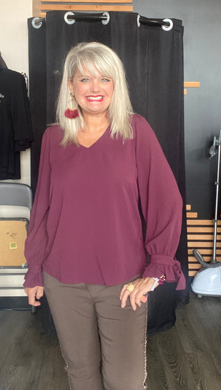 Long Sleeve V neck Top Shirt Plum