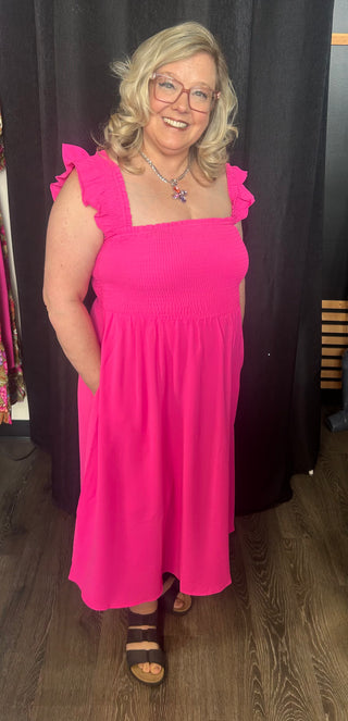 Sleeveless Midi Length Dress with Smocked Bodice