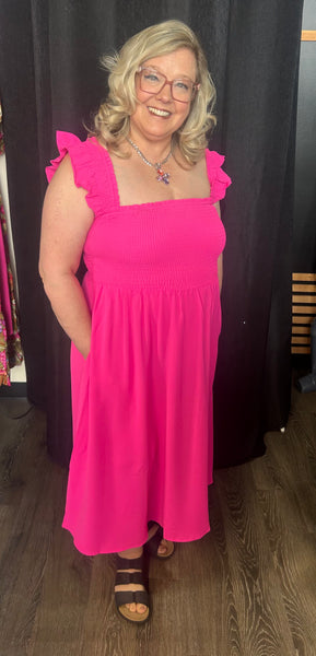 Sleeveless Midi Length Dress with Smocked Bodice