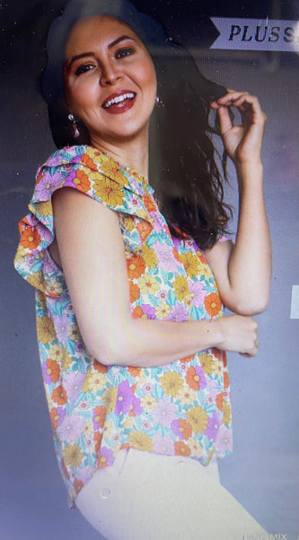 Plus Size Floral Print Smocked Double Layer Ruffle Short Sleeve Top