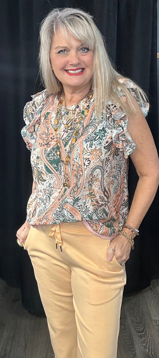Paisley Floral Print Blouse Ruffle Sleeve Top