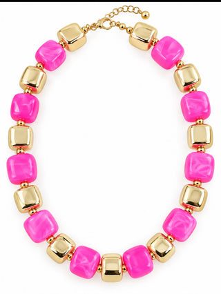 Pink & Gold Square Bead Statement Necklace