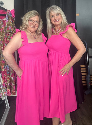 Sleeveless Midi Length Dress with Smocked Bodice