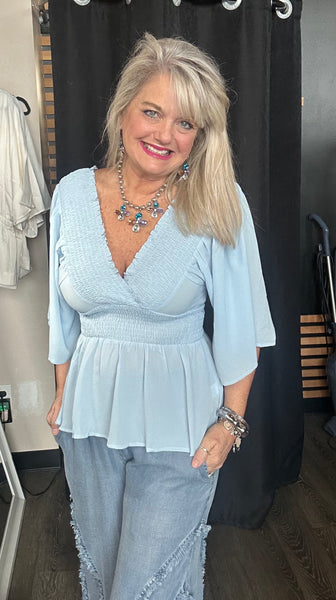 Blue Smocked Detail Peplum Blouse Top