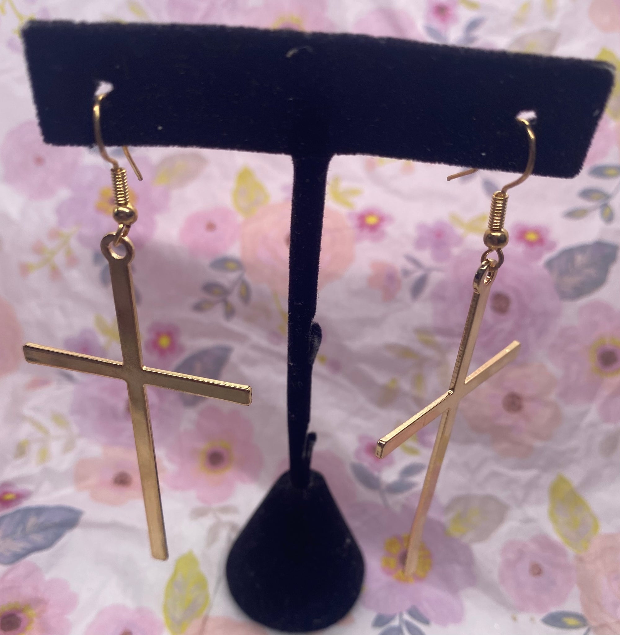 3.5 inch Gold Tone Cross Dangle Earrings