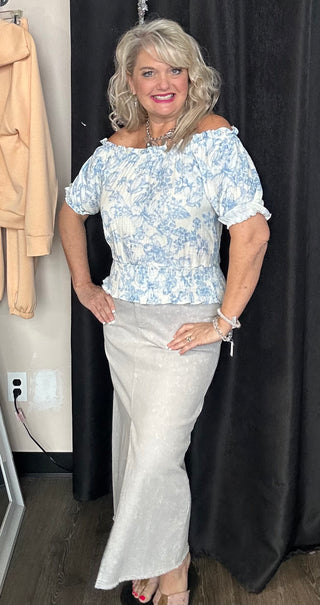 High Waist Ice Blue Washed Front Slit Denim Jean Skirt