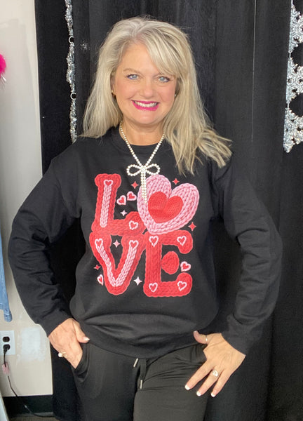 Black Faux Crochet Love Sweatshirt
