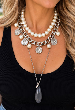 Set of 3 Layering Necklaces Pearls Silver Coins Teardrop Pendant