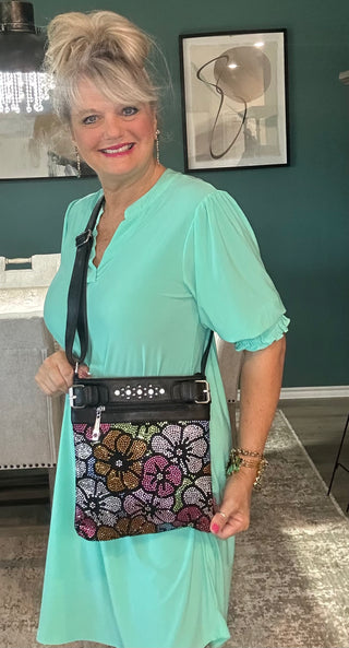 Floral Rhinestone Crossbody Purse