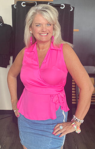 Hot Pink Sleeveless Wrap Blouse