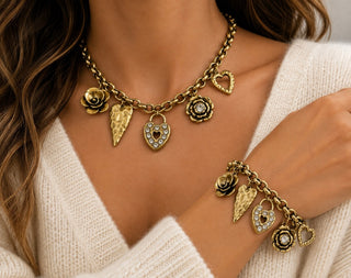 Antique Gold Heart & Rose Charm Necklace