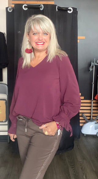 Long Sleeve V neck Top Shirt Plum