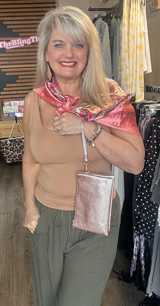 Monogrammable 3 Compartment Crossbody Wristlet  Metallic Blush