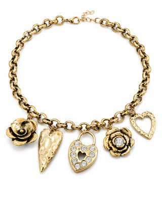 Antique Gold Heart & Rose Charm Necklace