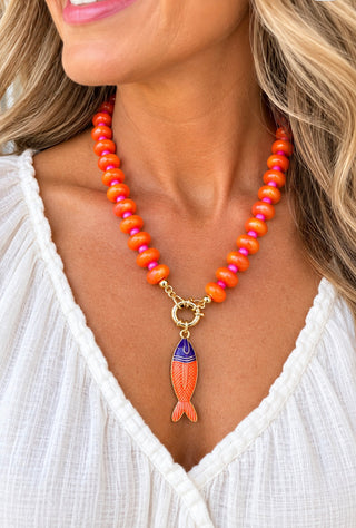 Orange Beaded Fish Charm Necklace